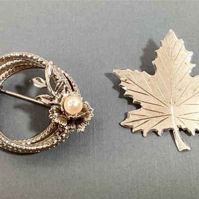 Sterling Silver Brooches (2): Maple Leaf and Circle with Flower & Pearl
