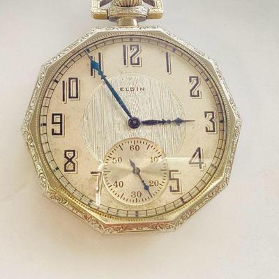 Sale Photo Thumbnail #325: Ticking 1920's Elgin Pocket Watch with RARE Ten-sided White Gold Filled Case