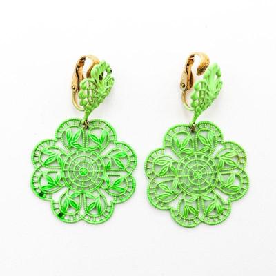 Lime Green Leaf Lace Clip-On Drop Earrings