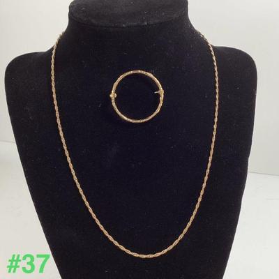 Gold Filled Twisted Rope Necklace and Circular Brooch