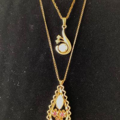Gold Filled Necklaces (2) - Both Have Opal & Rhinestone Pendants