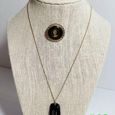 Gold Filled Necklace, Brooch, and Bracelet (Black Accents)