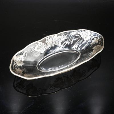 Ornate Oval-Shaped Fluted Glass Dish with Grapevine Motif Silver Overlay