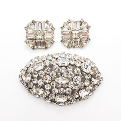 Large Faceted Clear Rhinestones Brooch & Clip-On Earrings