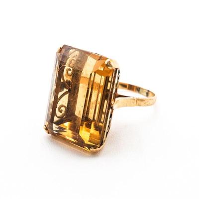 18K Gold w/Large Faceted Citrine Gemstone Ring Size 5