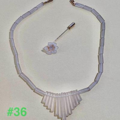 Gold Filled Frosted Glass Necklace and Flower Hat/Lapel Pin