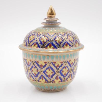 Thai Hand-Painted Gilded Porcelain Benjarong Jar