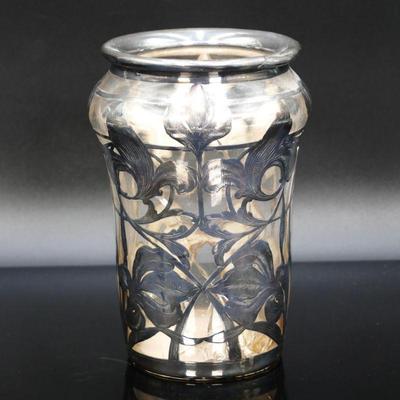 Antique Art Nouveau Glass Vase with Floral Motif Silver Overlay