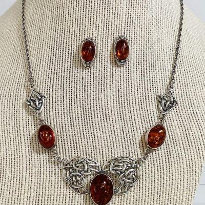 Sterling Silver Vintage Necklace & Earrings with Amber Colored Cabochons