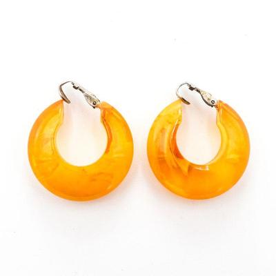 Amber Orange w/Marbling Bakelite Hoop Clip-On Earrings