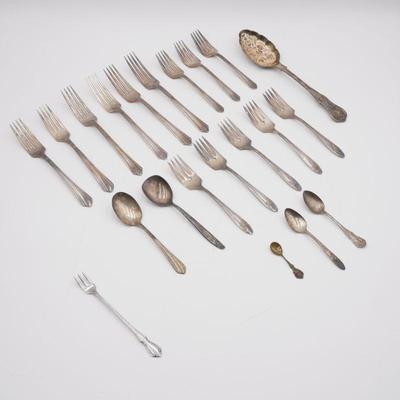 Sale Photo Thumbnail #146: Lot of 20 Assorted Silver Plated Flatware and 1 Stainless Steel Cocktail Fork