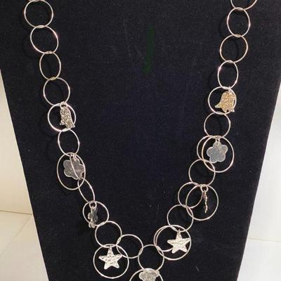 Sterling Silver Circle Chain Link Necklace with Hammered Charms
