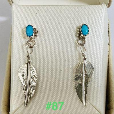 Sale Photo Thumbnail #254: Sterling Silver Southwestern Turquoise Leaf Earrings