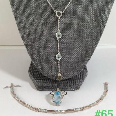 Sterling Silver Necklace, Ring, & Bracelet with Baby Blue Accent Gemstones