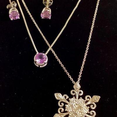 Sterling Silver Snowflake Necklace + Lavender Solitaire Necklace & Earrings Set