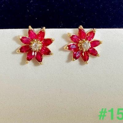 14K Yellow Gold Diamond Studs with 14K Red Marquis Gemstone Flower Jackets