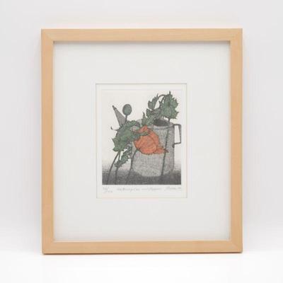 "Watering Can and Poppies" by Art Hansen Signed Colored Etching