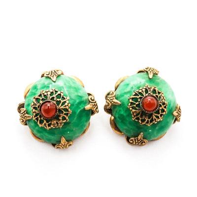 Ornate Filigree Green Glass & Gems Clip-On Earrings