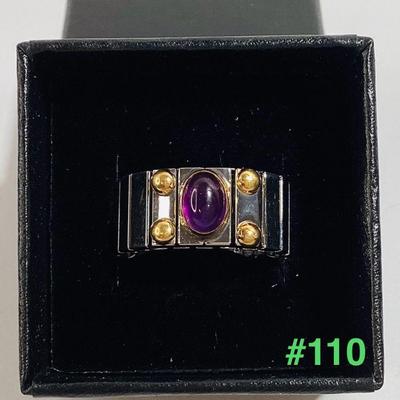 Stainless Steel Stretch Ring with 18K Gold & Amethyst Cabochon by Nomination