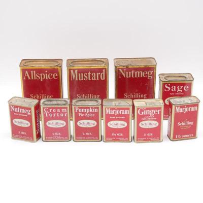 Collection of Vintage Mid-Century Schilling Spice Tins (Set of 10)