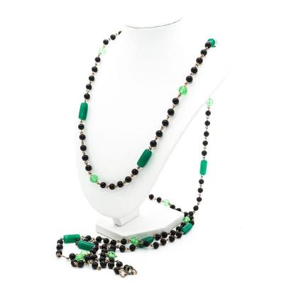 Long Black and Green Beaded Necklace