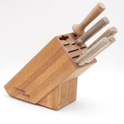 Vintage Chicago Cutlery Knife Block with 4 Knives and Honing Steel