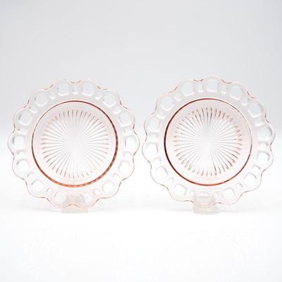 Pair of Anchor Hocking Lace Edge Pink Glass Luncheon Plates
