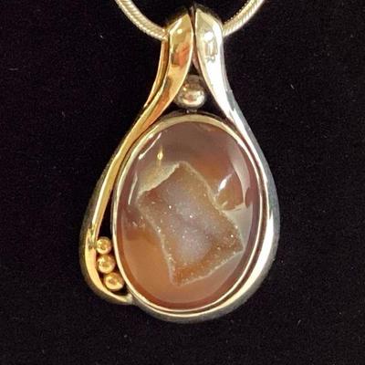14K Gold and Sterling Silver Oval Agate Pendant and Sterling Silver Snake Chain