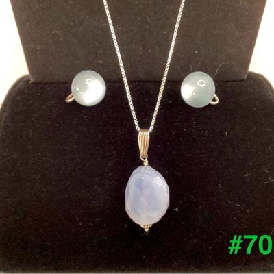 Sterling Silver Vintage Lucite Necklace and Earrings with a Dusty Blue Color