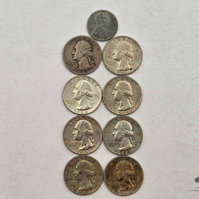 #1112 • (8) Pre 1964 Washington Quarters & (1) Silver Wheat Penny, 49.91g
