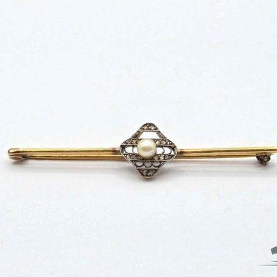 #218 • 18K Gold Diamond & Pearl Pin, 3.77g
