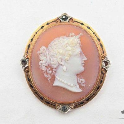 #308 • 14K Gold & Semi-Precious Stones Cameo Pin, 11.30g
