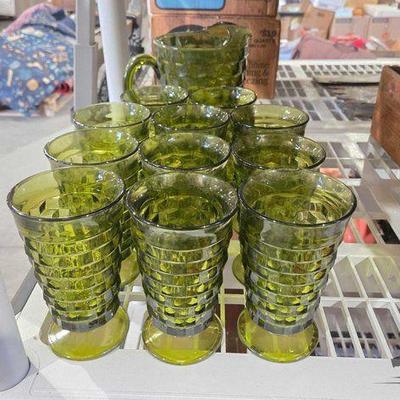 #2240 • Olive Green Glass Pitcher & (11) Cups
