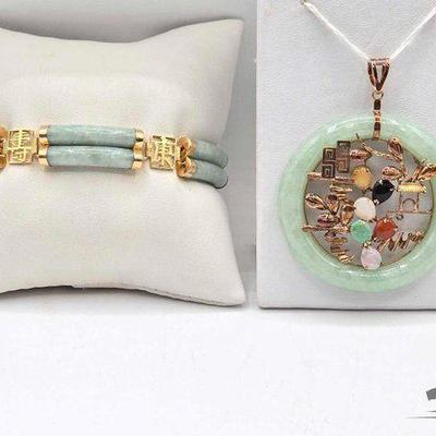#300 • 14K Gold Accent Jade Bracelet & Pendant with Semi-Precious Stones, 38.24g
