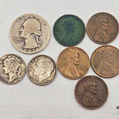 #1114 • (3) 90% Silver Coins & (5) Wheat Pennies
