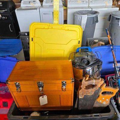 #3572 • Wooden Tool Cabinet, Hand Saws, Shop Vac and More
