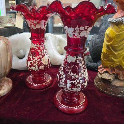 #2004 • (2) Red Glass Vases W/ Hand Painted Patterns
