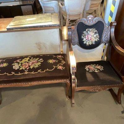 #4038 • Upholstered Floral Design Bench & Rocking Chair
