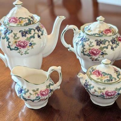 Royal Doulton Floradora Green Coffee pot, tea pot, cream and sugar.
