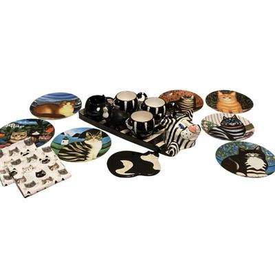 ROHU509 Teatime For Cat Lovers	Papier-mâché tray with 4 black and white cat mugs, creamer, trivet and tea towels. Set includes 7 cat...
