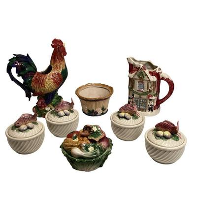 ROHU582 Fitz And Floyd Ceramics	Tall rooster jug, Christmas themed jug, 4 individual chowder bowls with lids, and a small cabbage dish...