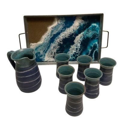 ROHU513 Klikitat Pottery	Acrylic and metal 2-handled serving tray; Klikitat Pitcher and 6 mugs
