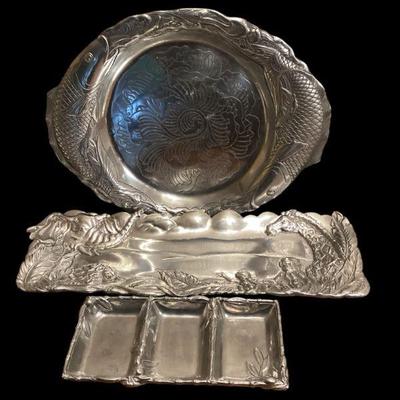 ROHU551 Arthur Court Serving Platters	Three Arthur Court serving pieces: 3-section divided aluminum dish, decorated with olives and...