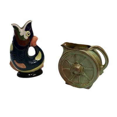 ROHU572 Framkoma Pottery Wagon Wheel Jug And Dartmouth Gurgle Fish Pitcher	Dartmouth, Devon, England, vintage fish gurgle jug vase 10.5...