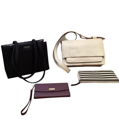 ROHU559 Kate Spade 4 Items	Small black fabric purse;  white pebbled leather shoulder bag; black and white striped wallet; and purple...