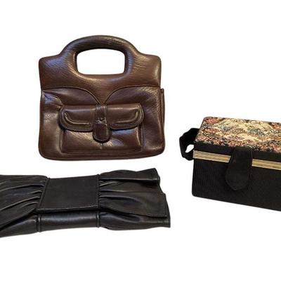 ROHU537 Three Small Vintage Bags - Ann Taylor And Rolego	Soft black leather Ann Taylor clutch; vintage gros grain box bag with tapestry...
