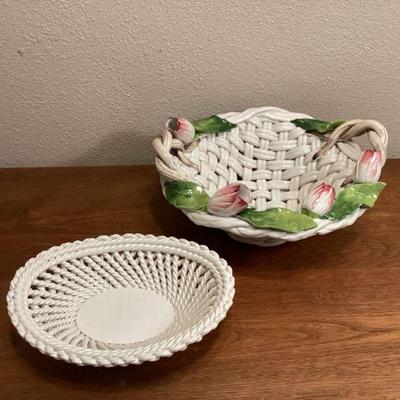 ROHU557 Italian Basketweave China	Two presentation baskets, one large (15"x13"x7") adorned with hand-painted tulips, and...