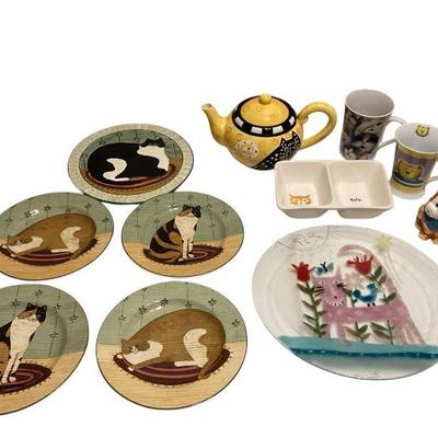 ROHU510 Teatime For Cat Lovers #2	Four Warren Kimble cat plates by Sakura Oneida; Laurel Burch Teapot; two cat mugs; one hand-painted cat...
