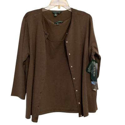 ROHU523 Ralph Lauren Twinset	Chocolate brown 1X silk/rayon/spandex cardigan and sleeveless twinset with pearl buttons.
