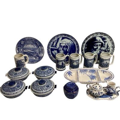 ROHU581 Delft Blue And Lots More	Vintage plates, mugs, servingware, sugar/creamer (has been repaired please see photo), Windsor Castle,...